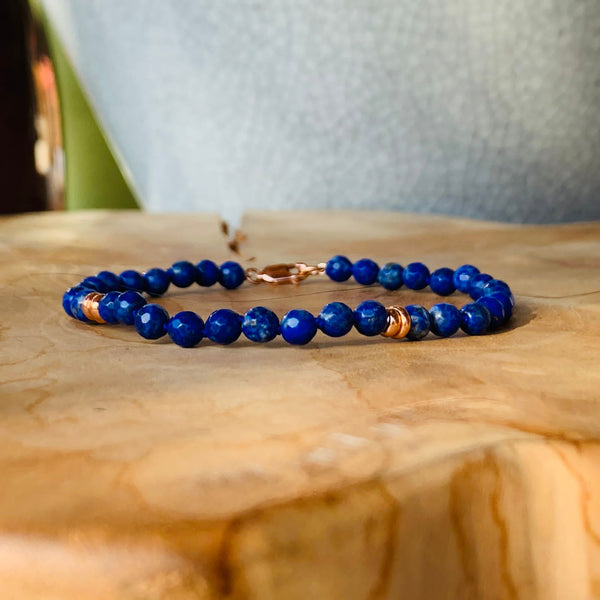 Blue Lapis Lazuli Bead Bracelet with Hammered Gold