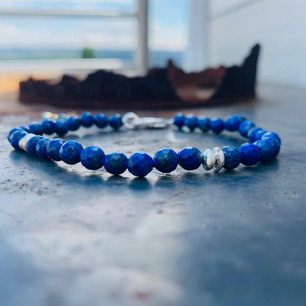 Blue Lapis Lazuli Bead Bracelet with Hammered Silver