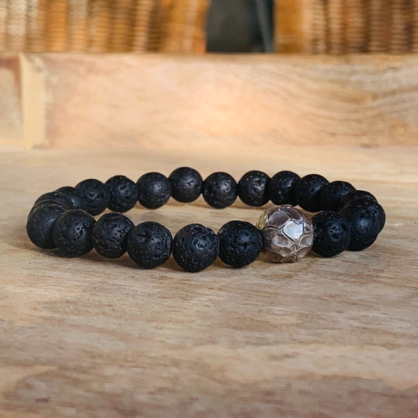 Lava Rock Bead Wristband with Dry Riverbed Engraved Silver Bead