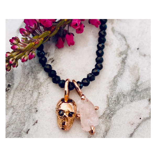 Mikayla Necklace with Gold Vivre Skull, Diamonds and Rose Quartz