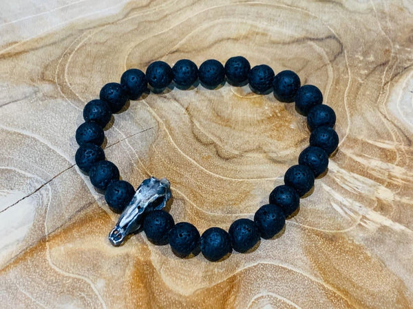 Lava Rock Bead Wristband with Silver Gemsbok Skull and Black Diamonds