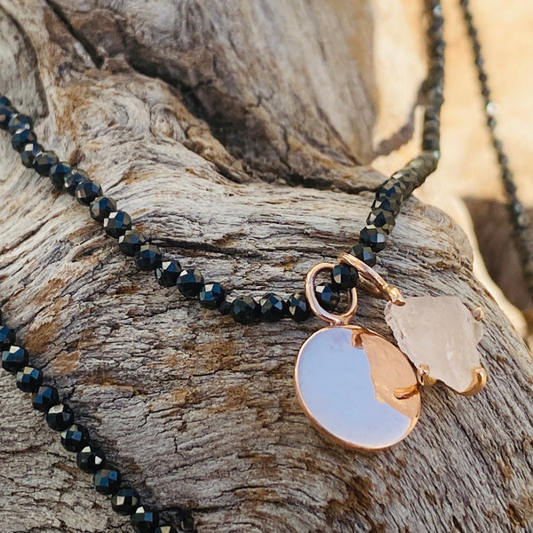 Mikayla Necklace with Gold Disc and Raw Rose Quartz