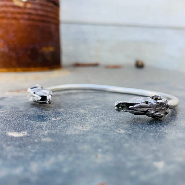 Silver Arm Cuff with Gemsbok Skulls and Black Diamond