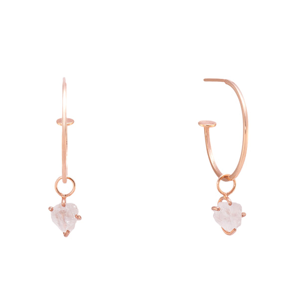 Gold Hoops with Raw Rose Quartz Charms